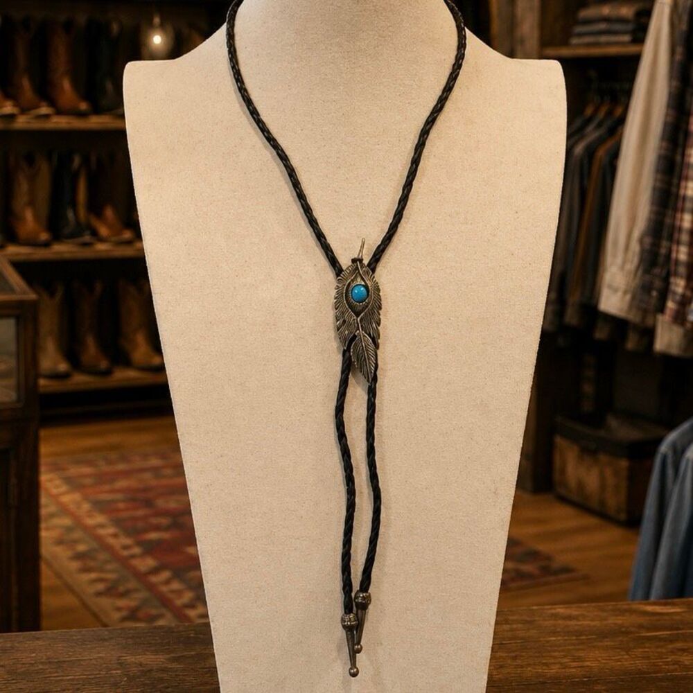 Western Feather Bolo Tie Necklace with Faux Turquoise Stone and Black Cord